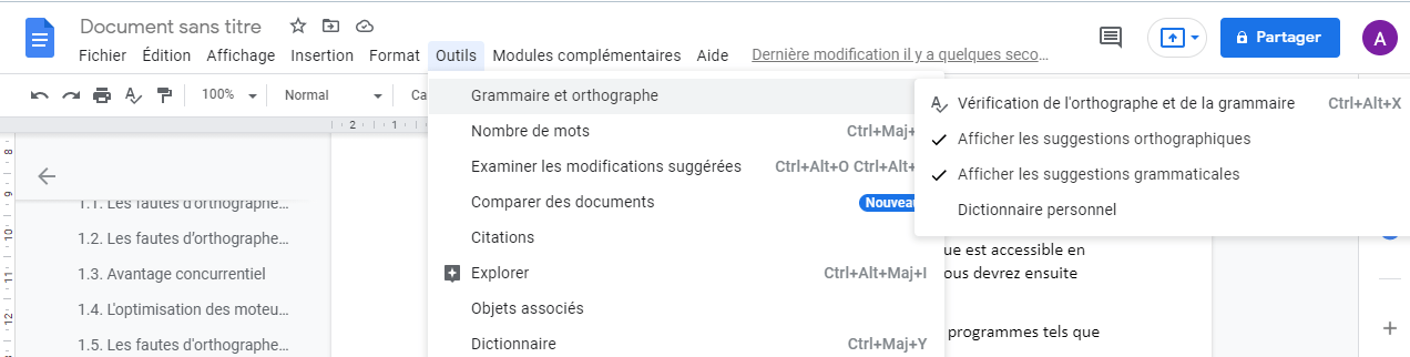 Bouton la section ‘’Grammaire et Orthographe’’