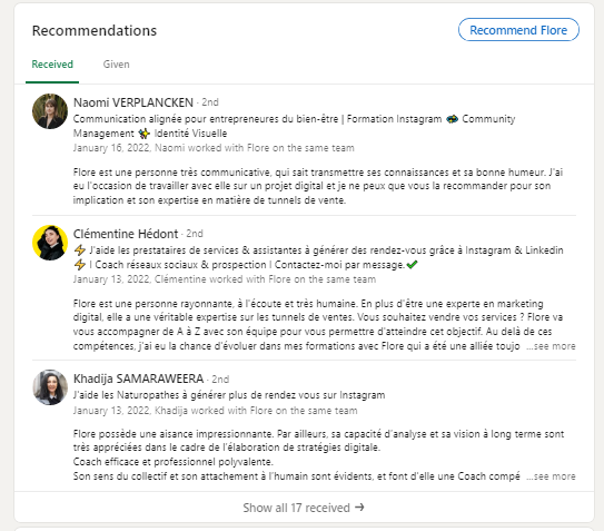 12 Reconmmandations sur Linkedin