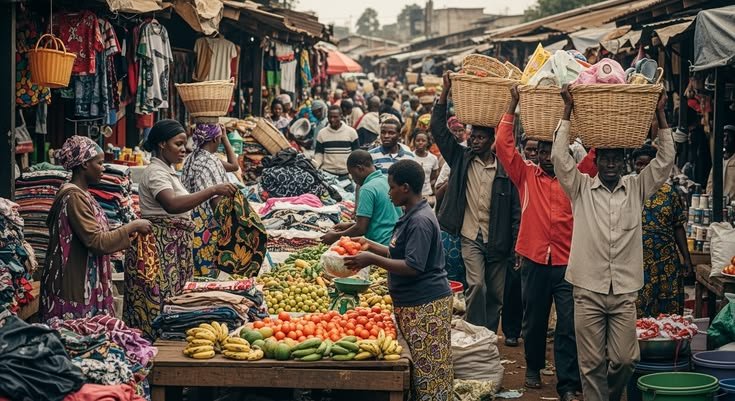 Allées animées du grand marché commercial de Bouaké