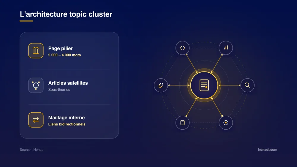 L'architecture d'un topic cluster : page pilier centrale, satellites orbitaux et maillage interne bidirectionnel