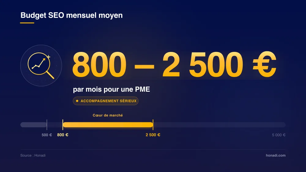 Budget SEO mensuel moyen : 800 à 2 500 € par mois pour une PME