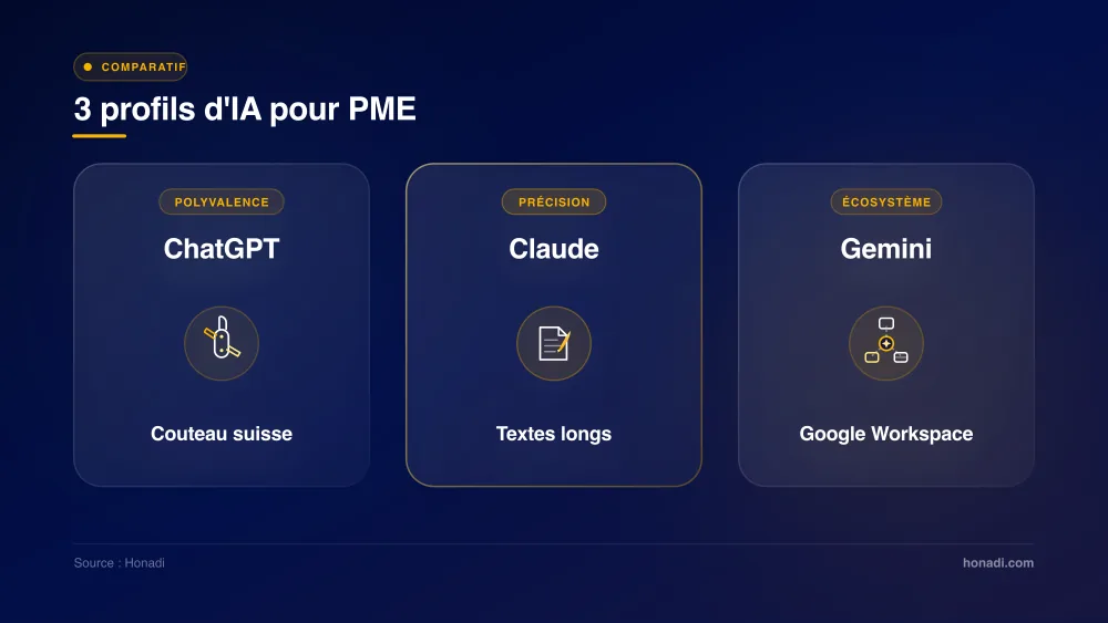 Comparatif des 3 profils d'IA pour PME : ChatGPT (couteau suisse), Claude (textes longs), Gemini (Google Workspace)