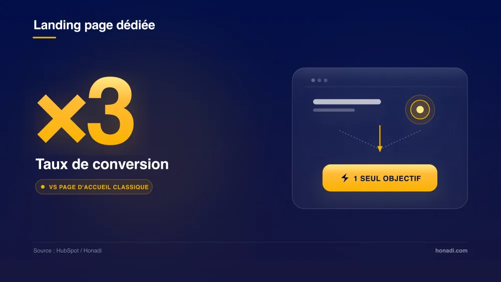 infographie 1 multiplicateur conversion Taux de conversion multiplié par 3 avec une landing page dédiée - Source HubSpot / Honadi