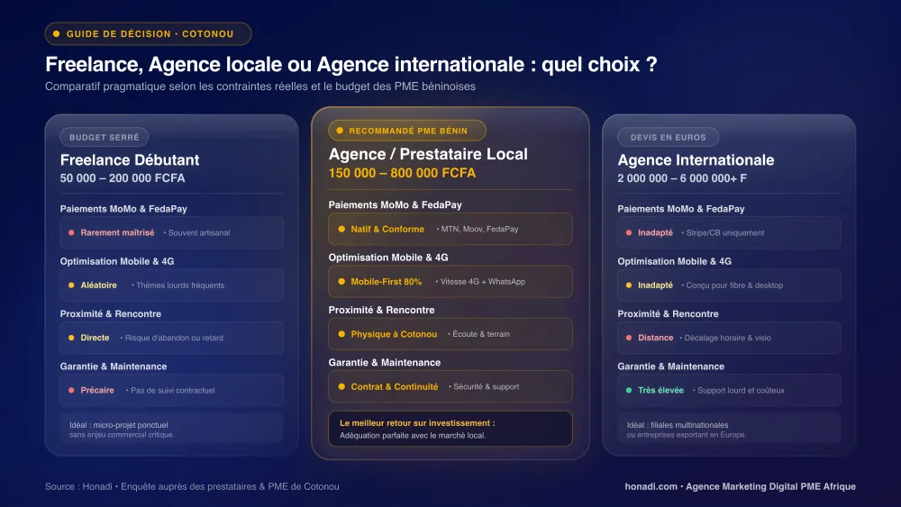 Comparatif freelance local et agence internationale pour un site web au Bénin