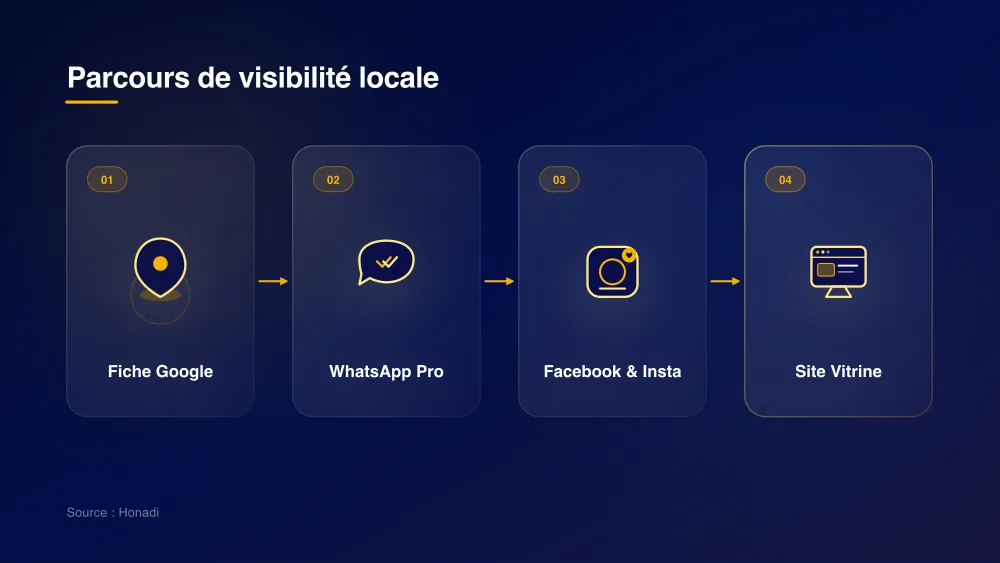 infographie 2 etapes visibilite douala Parcours de visibilité locale à Douala : Fiche Google, WhatsApp Pro, Facebook & Insta, Site Vitrine