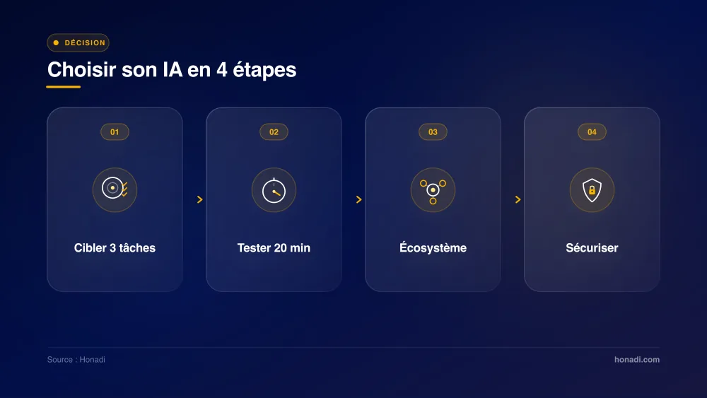 Méthode de choix en 4 étapes : cibler 3 tâches, tester 20 min, vérifier l'écosystème, sécuriser les données