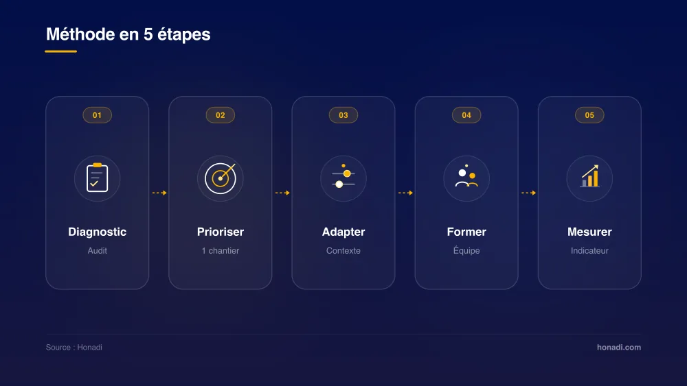 La méthode de digitalisation d'entreprise en 5 étapes : Diagnostic, Prioriser, Adapter, Former, Mesurer