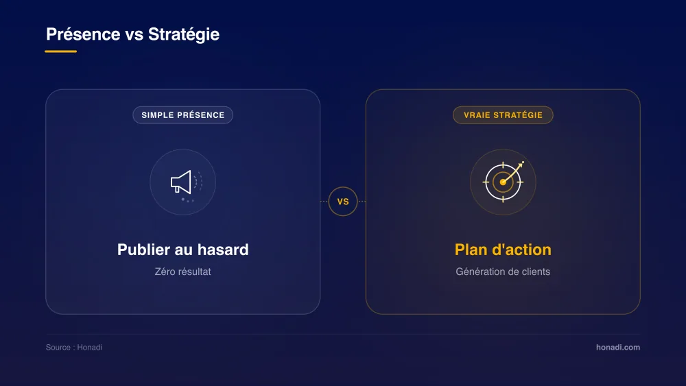 Présence vs Stratégie : publier au hasard vs plan d'action ciblé pour générer des clients