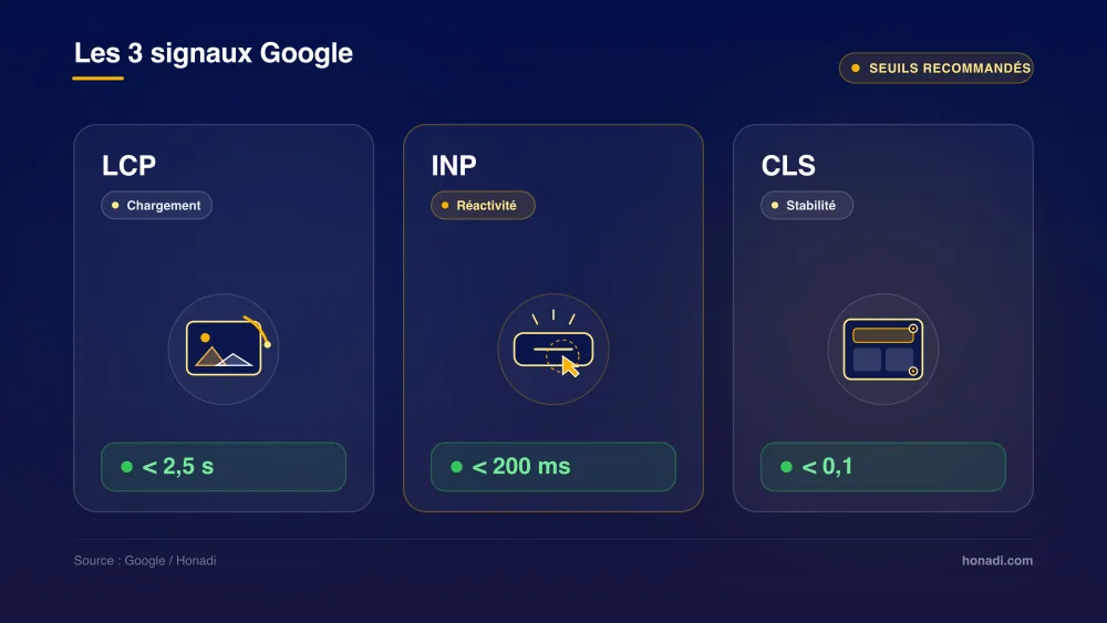 infographie 2 seuils core web vitals Les 3 signaux Google : LCP, INP et CLS avec leurs seuils recommandés