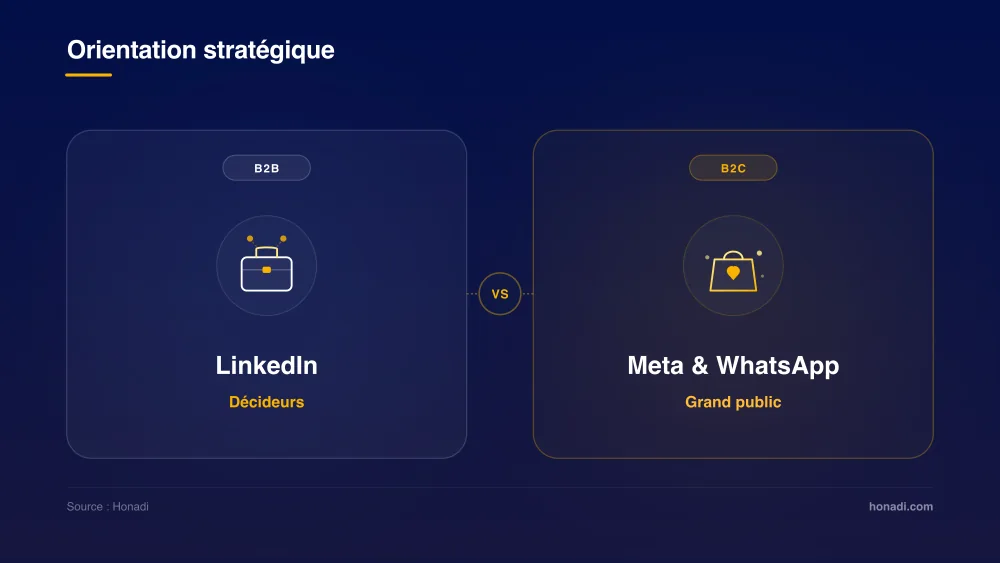 Orientation stratégique B2B vs B2C : LinkedIn pour décideurs vs Meta et WhatsApp pour grand public