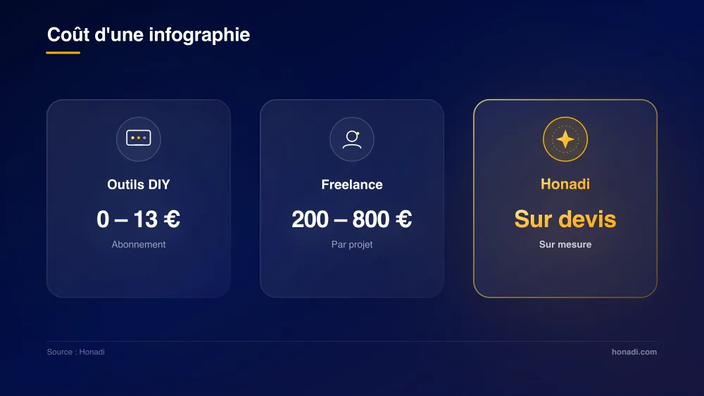 Comparatif des coûts d'une infographie : outils DIY, freelance et agence Honadi