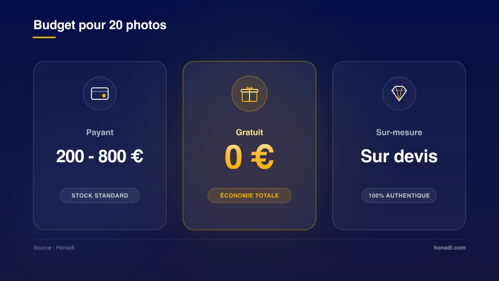 Budget pour 20 photos web : Payant (200-800 €) vs Gratuit (0 €) vs Sur-mesure (Sur devis)