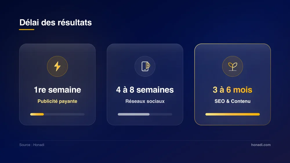 Délais d'obtention des premiers résultats par levier digital : Publicité, Réseaux sociaux, SEO
