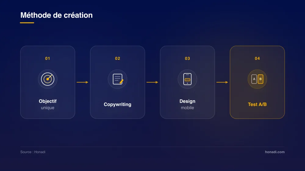 infographie 3 etapes creation landing Méthode de création d'une landing page en 4 étapes clés : Objectif unique, Copywriting, Design mobile, Test A/B