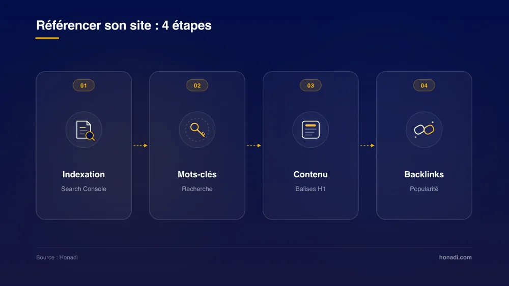 infographie 3 etapes referencement Méthode de référencement Google : 4 étapes clés — Indexation, Mots-clés, Contenu, Backlinks