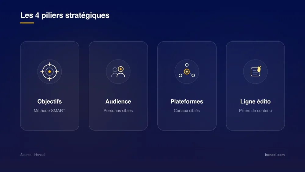 Les 4 piliers d'une stratégie réseaux sociaux efficace : Objectifs, Audience, Plateformes et Ligne éditoriale
