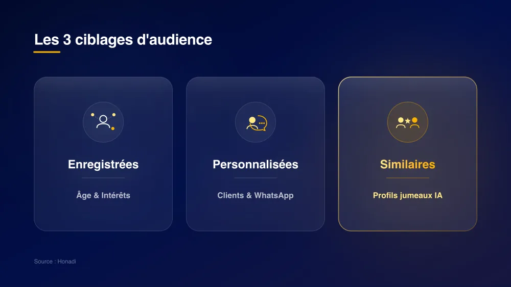 infographie 3 trois ciblages audiences Les 3 familles de ciblage d'audience sur Meta Ads : Enregistrées, Personnalisées et Similaires