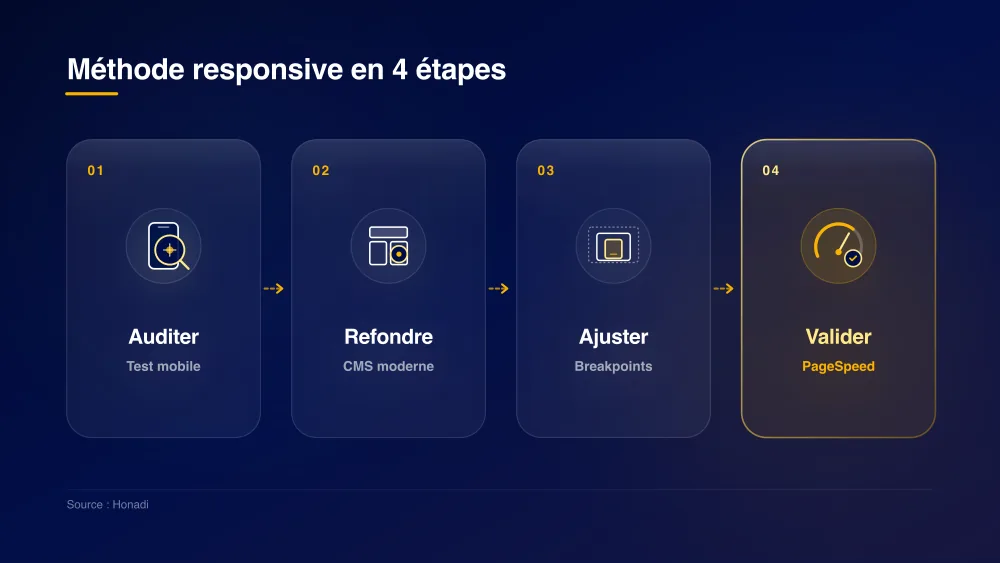infographie 4 etapes site responsive Méthode responsive en 4 étapes : Auditer, Refondre, Ajuster, Valider