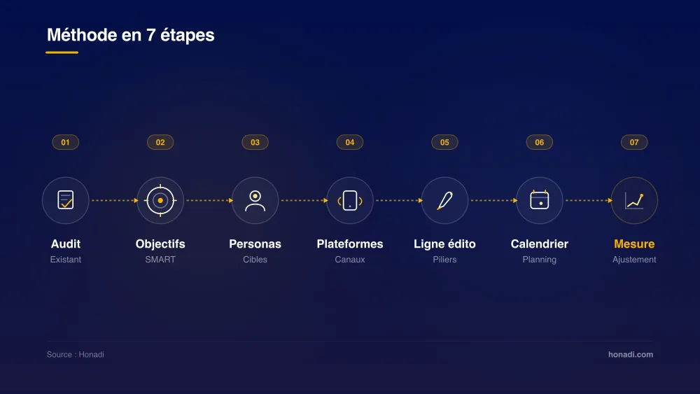 Feuille de route en 7 étapes pour construire une stratégie réseaux sociaux : Audit, Objectifs, Personas, Plateformes, Ligne édito, Calendrier, Mesure