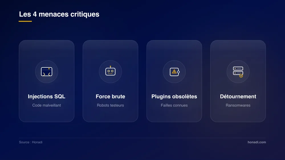 Les 4 menaces critiques pour un site web : Injections SQL, Force brute, Plugins obsolètes, Détournement