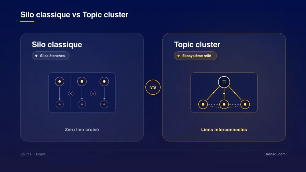Comparatif SEO : Silo classique cloisonné vs Topic cluster interconnecté