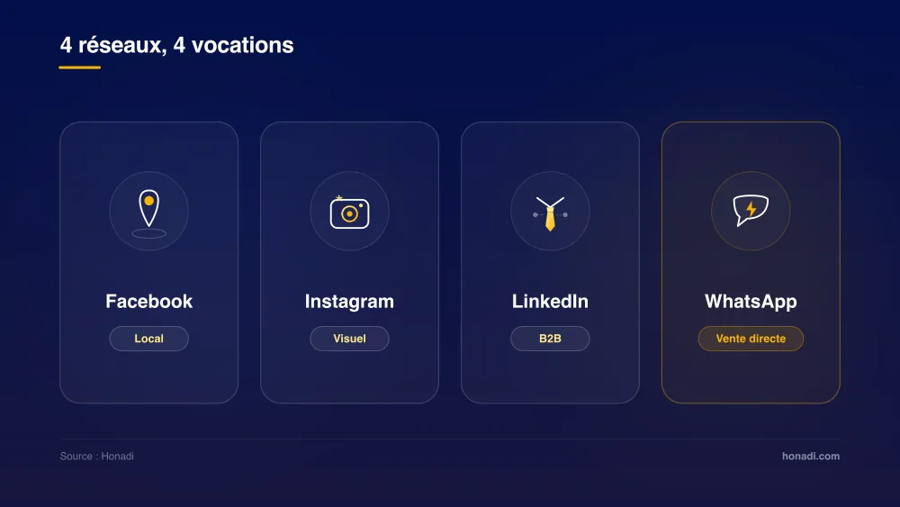 4 réseaux, 4 vocations : Facebook (Local), Instagram (Visuel), LinkedIn (B2B), WhatsApp (Vente directe)