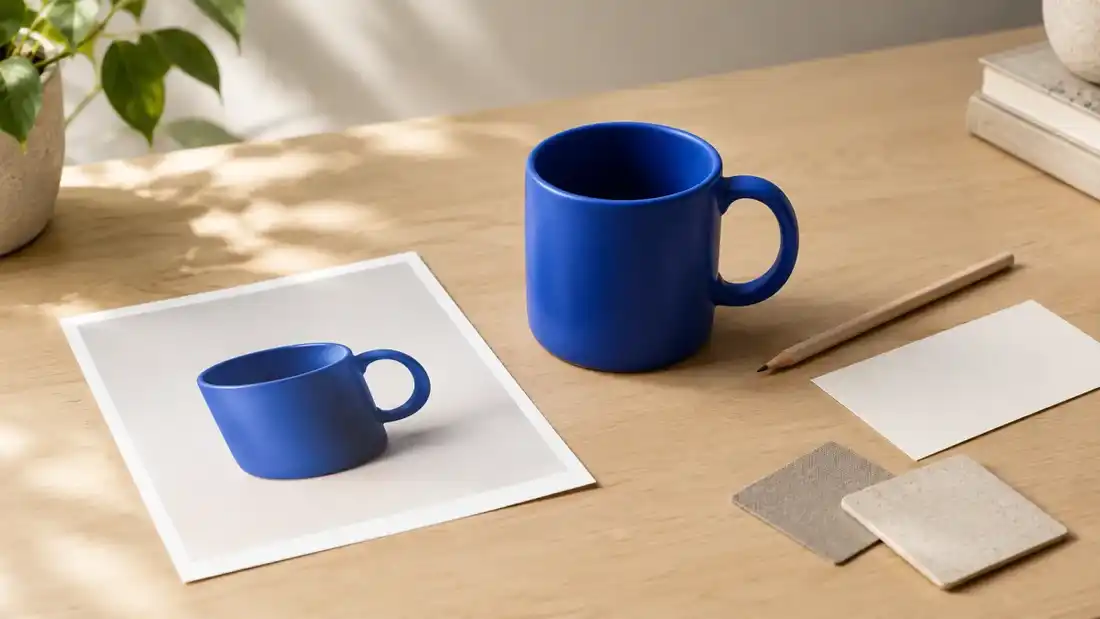 A blue ceramic mug and product video reference materials