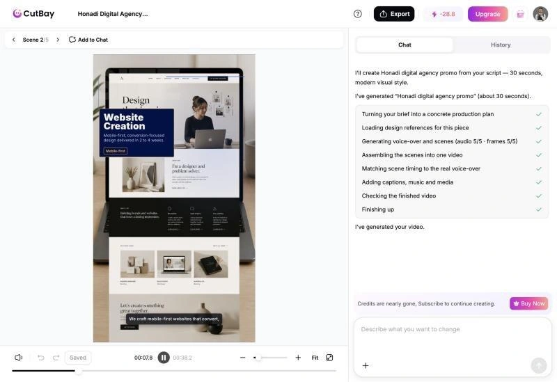 Scène site web de la vidéo verticale générée avec CutBay AI pour Honadi